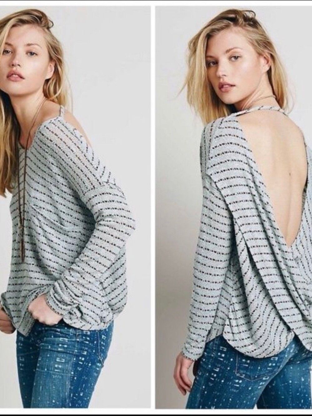 Free People Angel Island Hacci Knit Sweater Black White Stripe Twist Back Top La